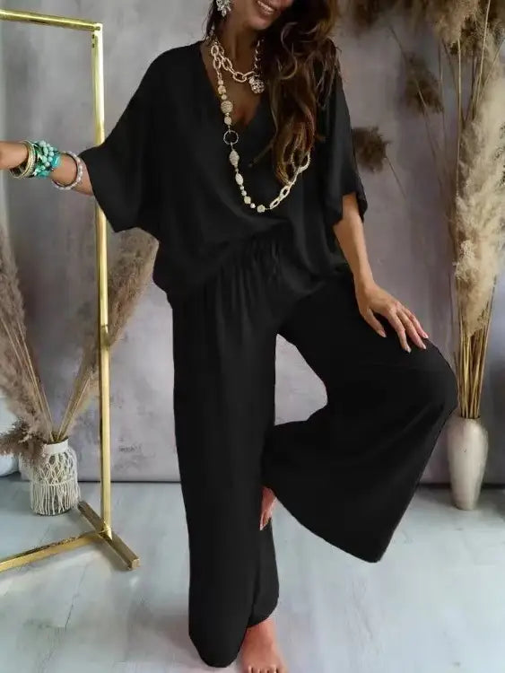 V-Neck Bat-Sleeve Casual Top Wide-Leg Pants Set