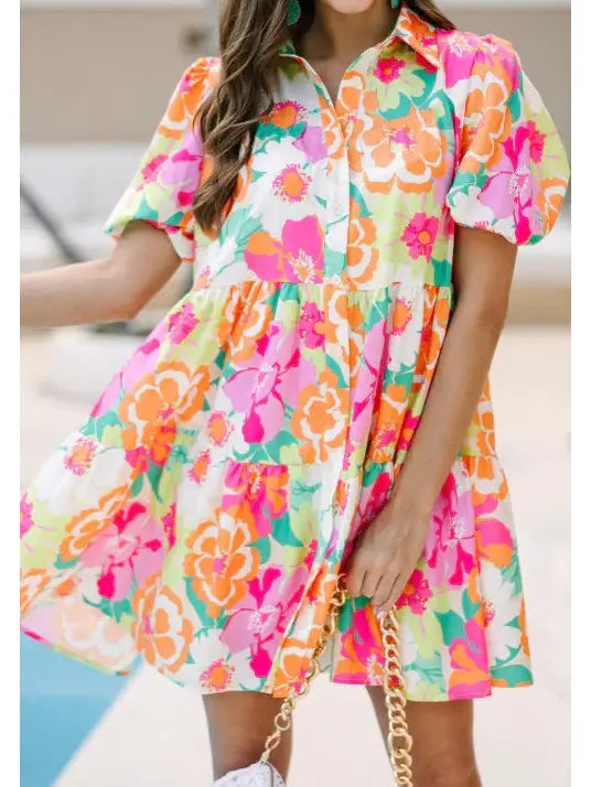 Puff Sleeve Collar Buttoned Babydoll Dress