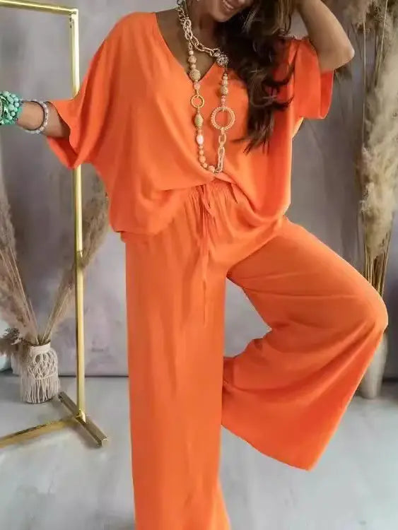 V-Neck Bat-Sleeve Casual Top Wide-Leg Pants Set