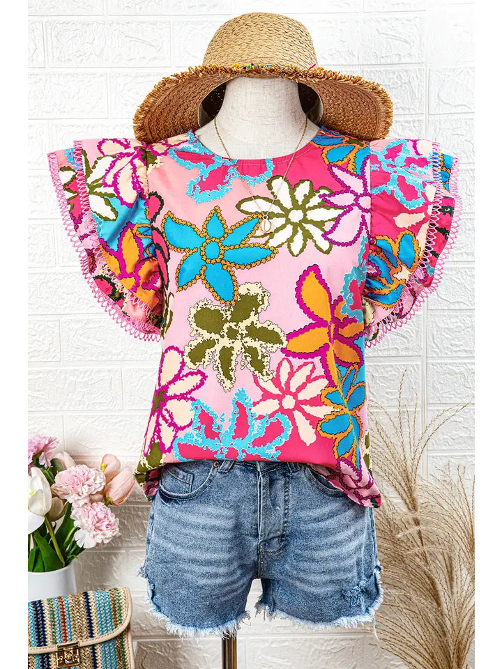 Fashion-W Vibrant Floral Print Trimmed Ruffle Sleeve Blouse