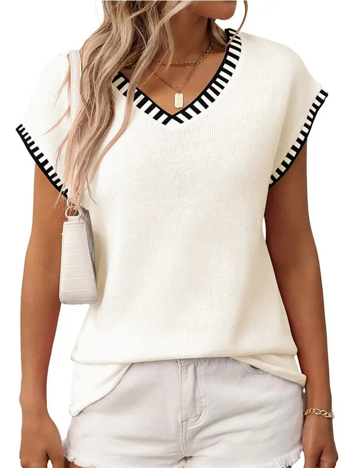 Short-Sleeved Striped Knitted Sweater