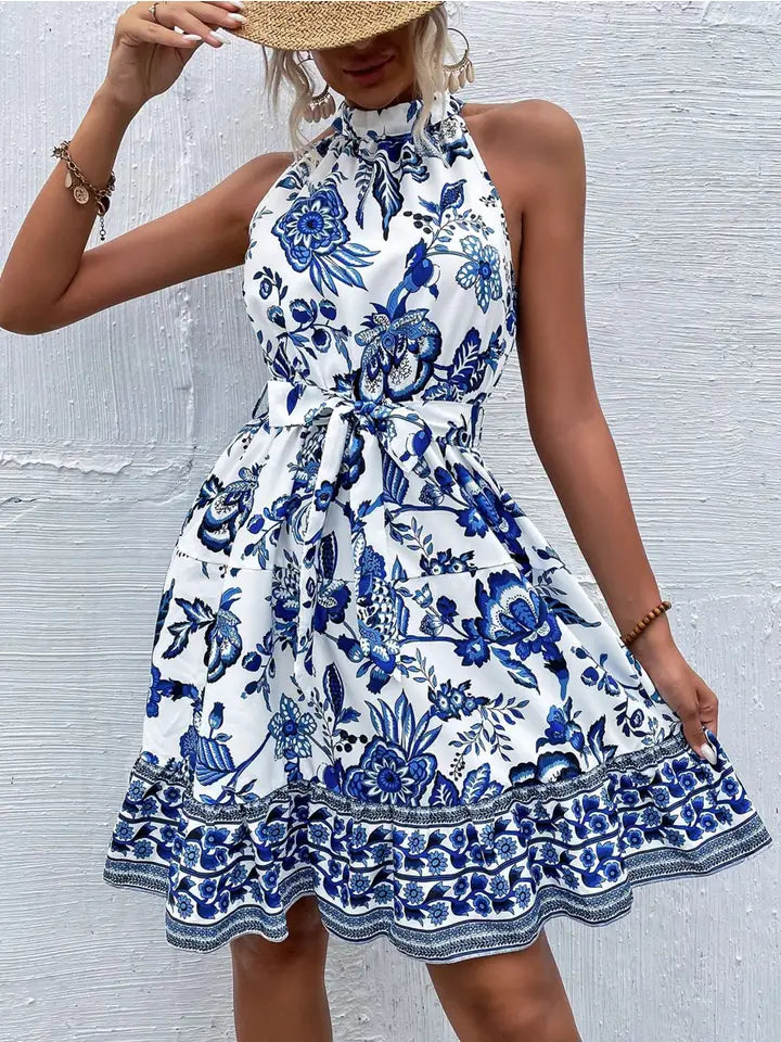 Floral Neck Tied Dress