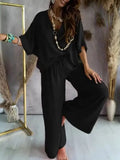 V-Neck Bat-Sleeve Casual Top Wide-Leg Pants Set
