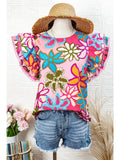 Fashion-W Vibrant Floral Print Trimmed Ruffle Sleeve Blouse