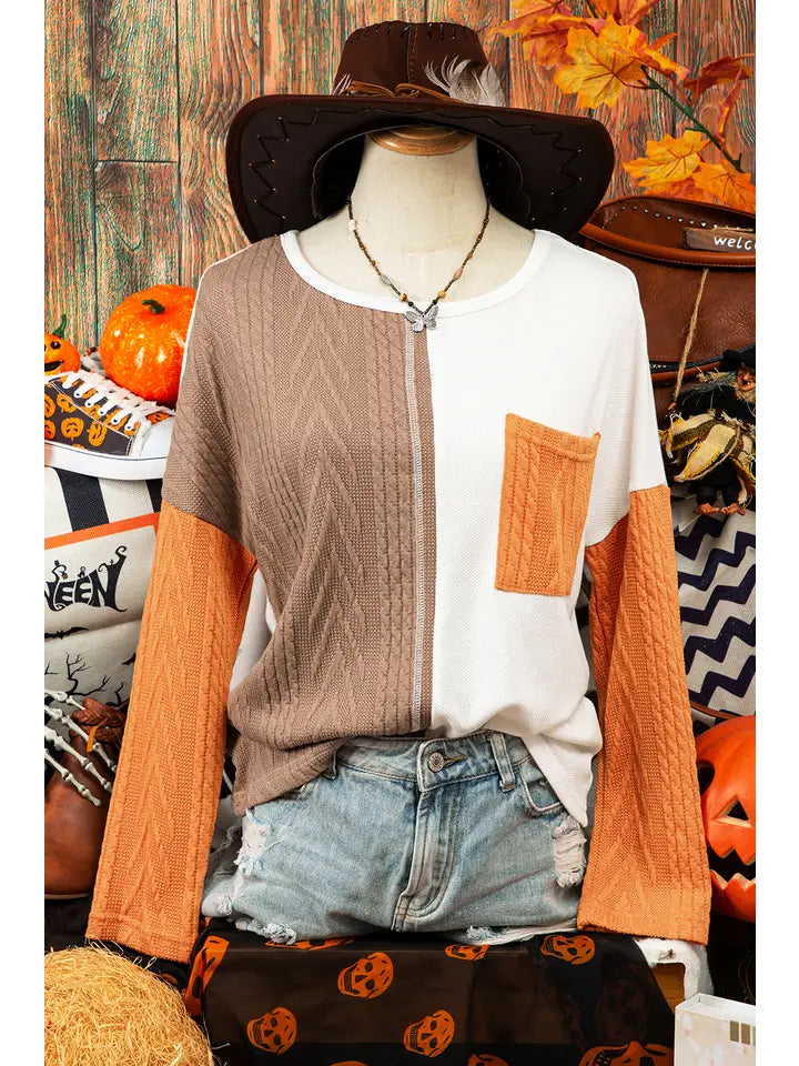 Fall Long Sleeve Colorblock Pocket Textured Knit Top